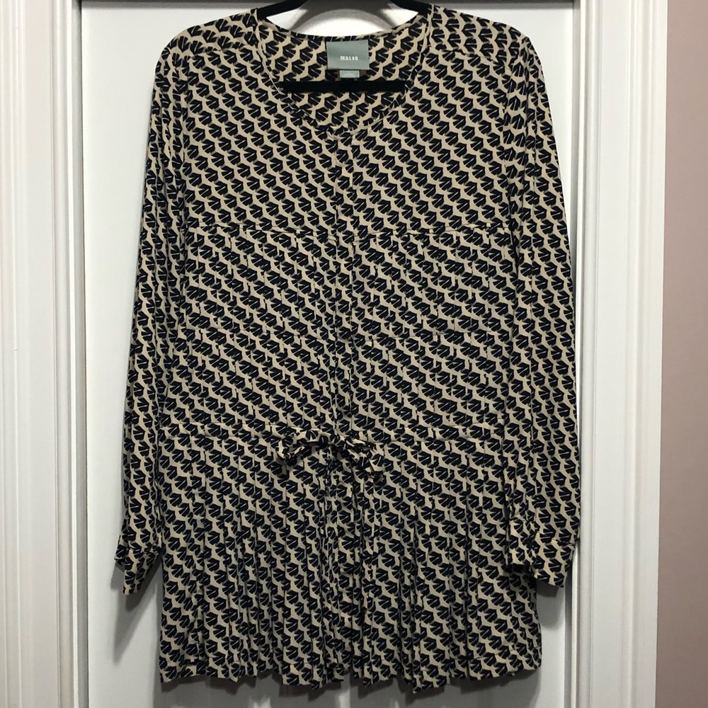 Beige/Dark Navy Print Selva Pleated L/S Tunic